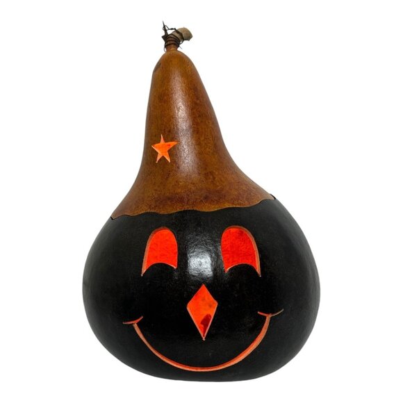 Unbranded Other - Vintage Gourd Lighted Orange & Black Pumpkin Halloween Hand Carved Folk Art Fall